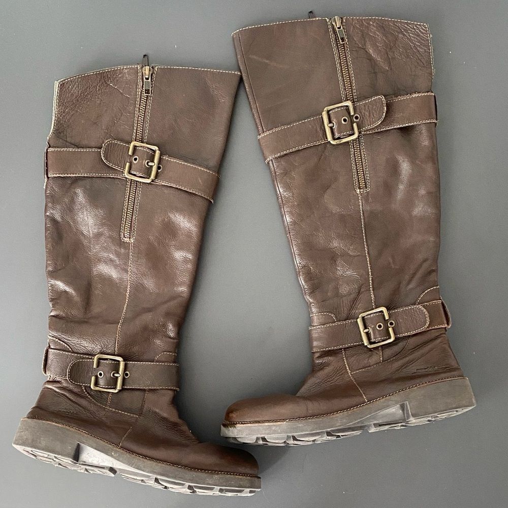 Earth Brown Over the Knee Boots Sz 8.5 Buckle Accents Side Zip Boho Chic Biker